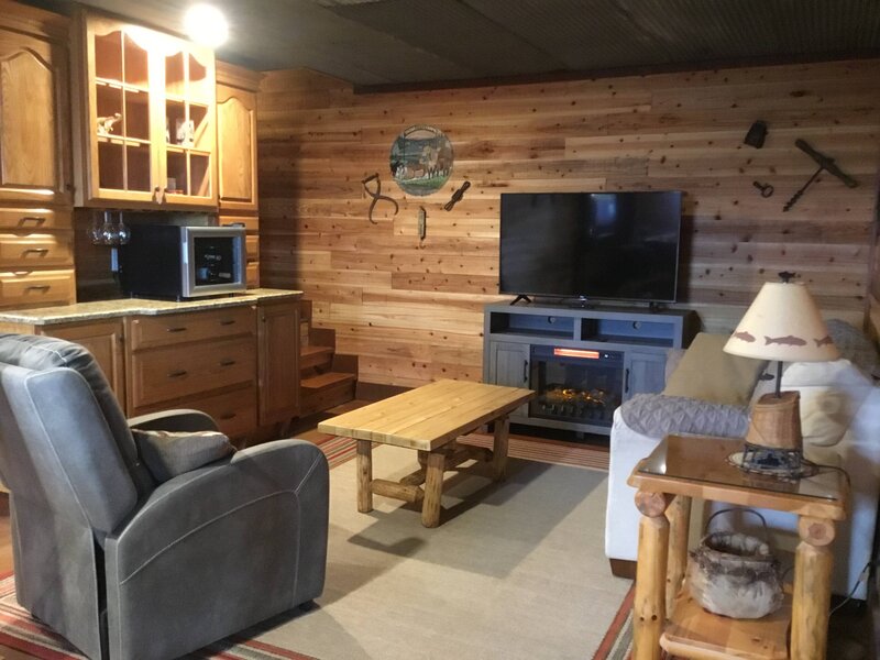 Family room with wine fridge